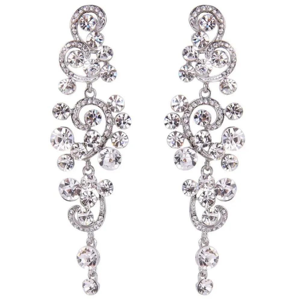 Silver with White Diamond Austrian Crystal Chandelier Post Back Drop Earrings
